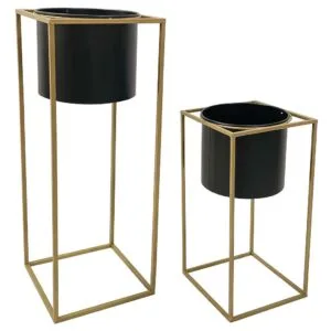Maceteros Con Soporte 2 Piezas Negro y Dorado