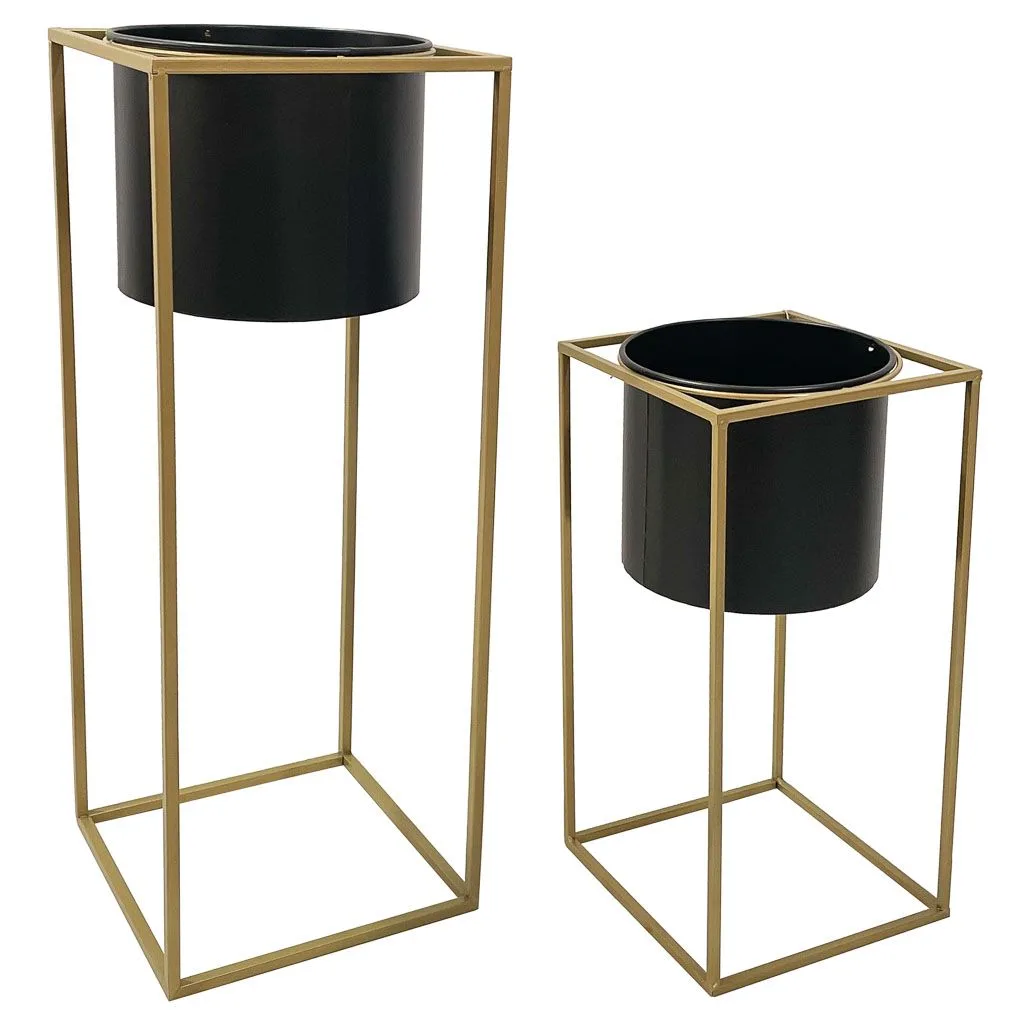 Maceteros Con Soporte 2 Piezas Negro y Dorado