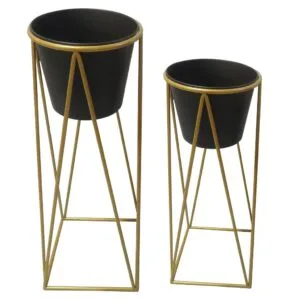 Set De 2 Maceteros Con Soporte Negro y Dorado